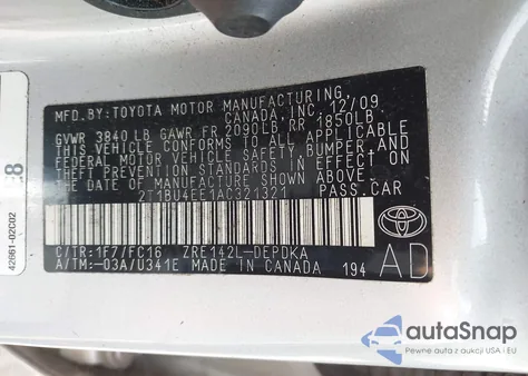 2010 Toyota Corolla Le из США, поврежденный, VIN 2T1BU4EE1AC321321